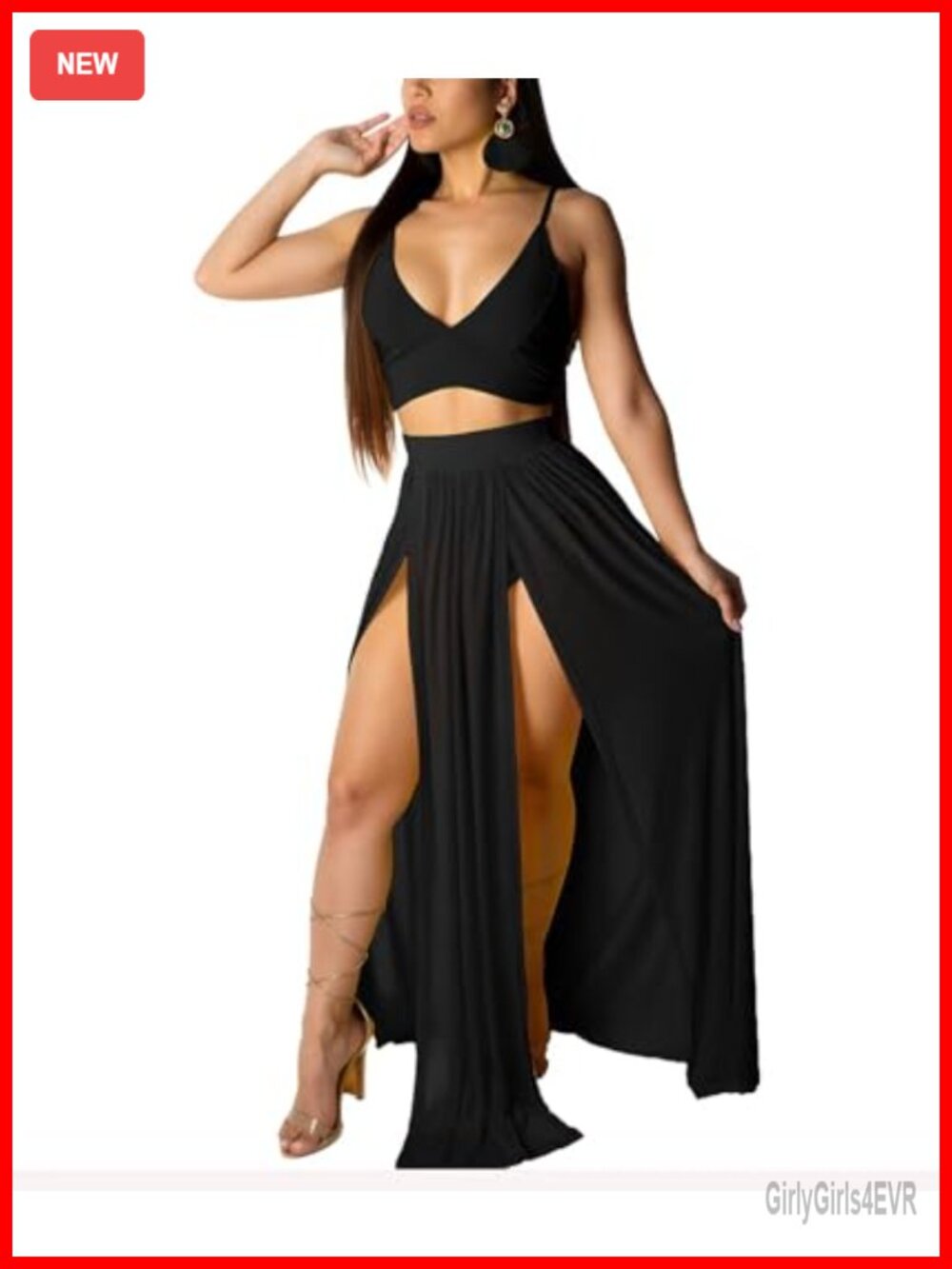 Women's Two-Piece Maxi Dress Set V Neck High Split Crop Top